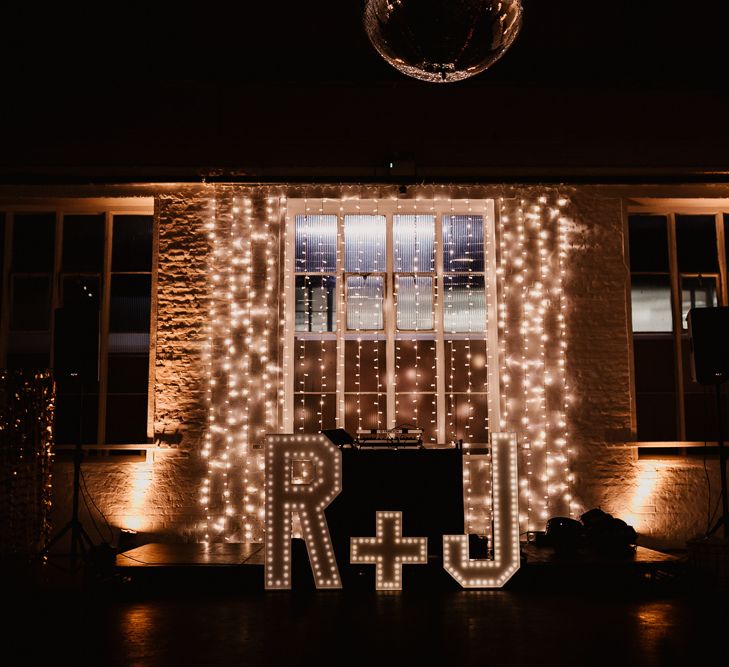 Large Letter Lights | Fairy Light Canopy | String Lights, Perspex Table Signs and Paper Cranes for Industrial Wedding | Frankee Victoria Photography