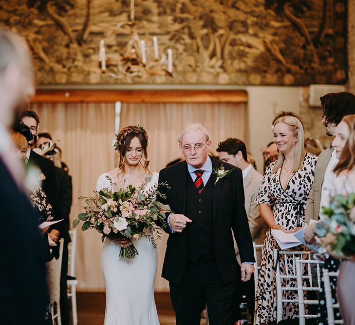 Wedding Ceremony Father of the Bride and Bride in Pronovias Dralan Wedding Dress Entrance