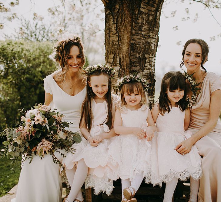 Flower Girls in Blush Pink Dresses with Flower Crowns