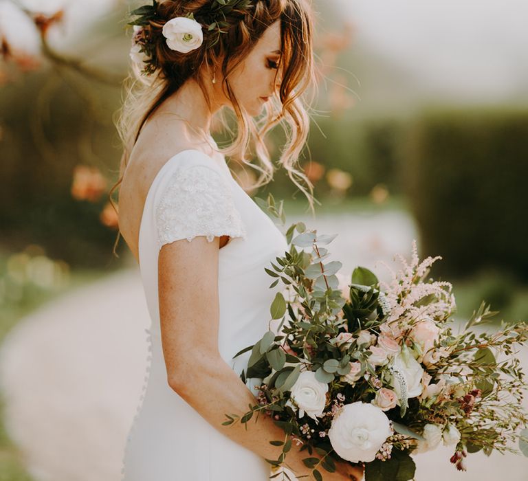 Romantic Bridal Braid Updo and Bride in Pronovias Dralan Wedding