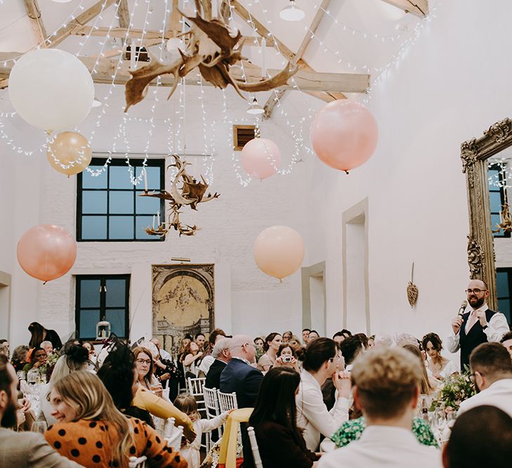 Barn Wedding Reception at Merriscourt Cotswold Wedding Venue with Balloons and Fairy Lights