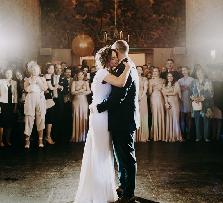 First Dance with Bride in Pronovias Dralan Wedding Dress and Groom in Moss Bros. Suit