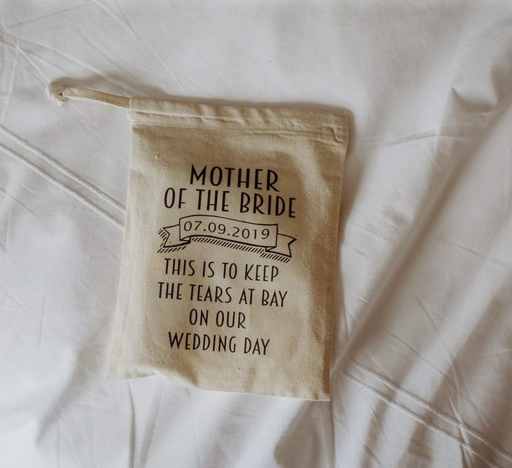 Personalised Mother of the Bride gift pouch for autumn wedding with rustic and relaxed styling