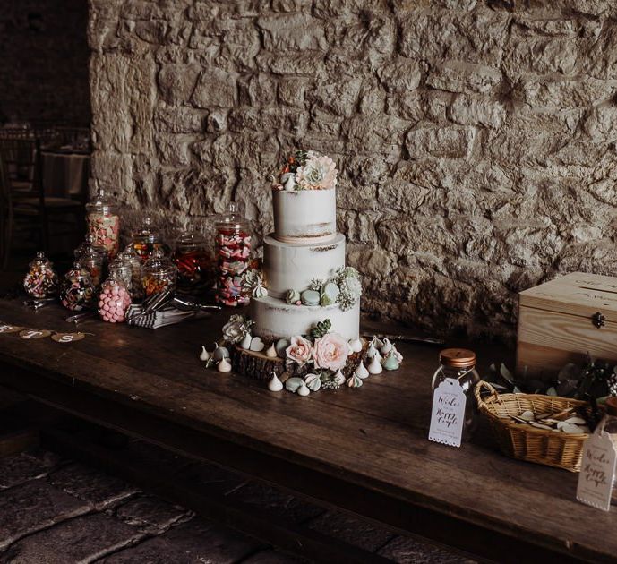 Pic and mix sweet station and semi naked wedding cake at Cogges Manor Farm wedding