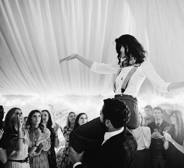 Brides second outfit. British tweed countryside wedding complete with Vintage Fun Fair | Sandra Mansour Dress | Hunter Wellies | Marleybrook House | Hunter Wellies | Images by David Jenkins