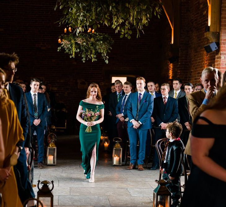 Wedding Ceremony Bridesmaid Entrance in Emerald Green Dress