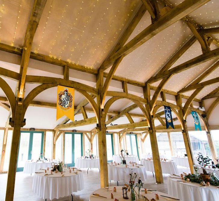 Hazel Gap Barn Decorated with Harry Potter House Flags