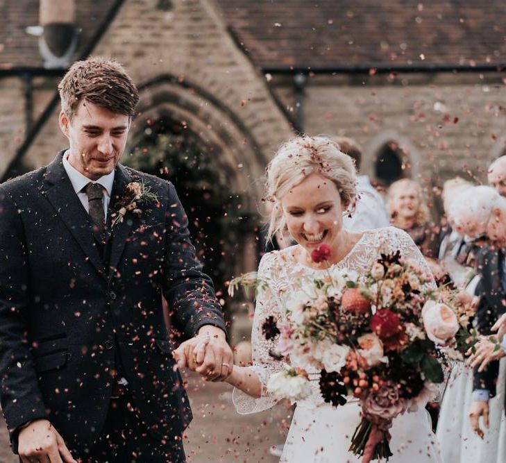 Bride and Groom Wedding Ceremony Confetti Shot