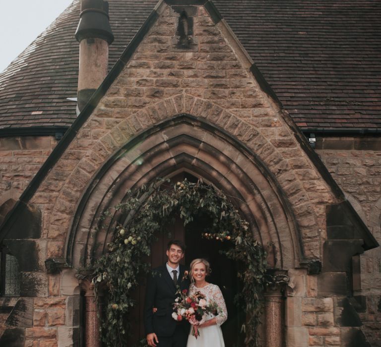 Bride and Groom Ceremony with Pom Pom Dahlias and Chalkboard Wedding Signs