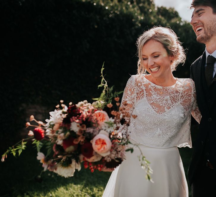 Homegrown Late Summer Wedding Bouquet and Bride in Two Piece Wedding Gown