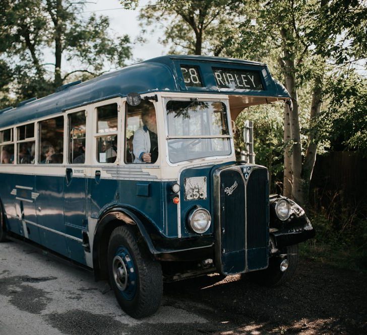 Vintage Bus Wedding Transport to Outdoor Garden Wedding