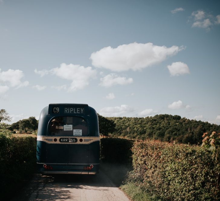 Blue Vintage Wedding Bus to Outdoor Summer Wedding