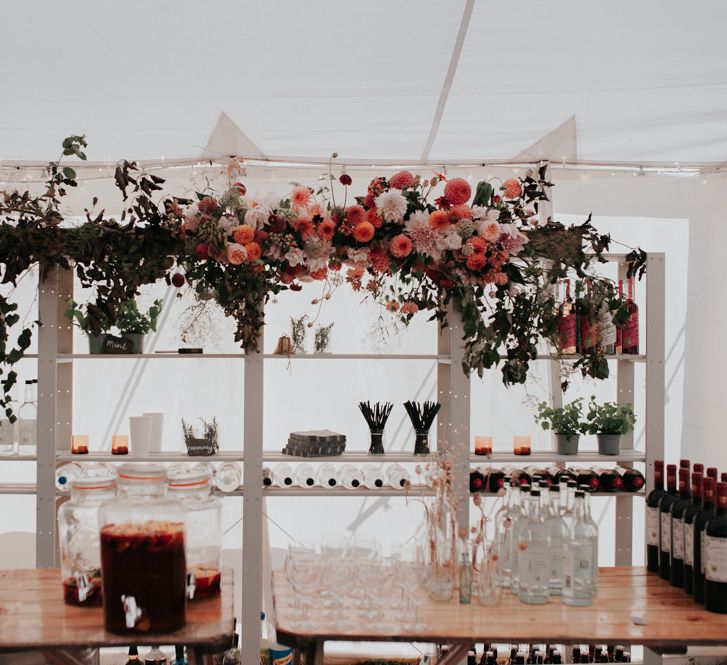 Blush and Pink Flower Arrangement for Wedding Reception Bar with Chalkboard Wedding Signs