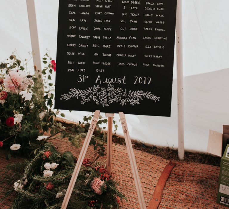 Chalkboard Wedding Seating Plan with Homegrown Wedding Flowers