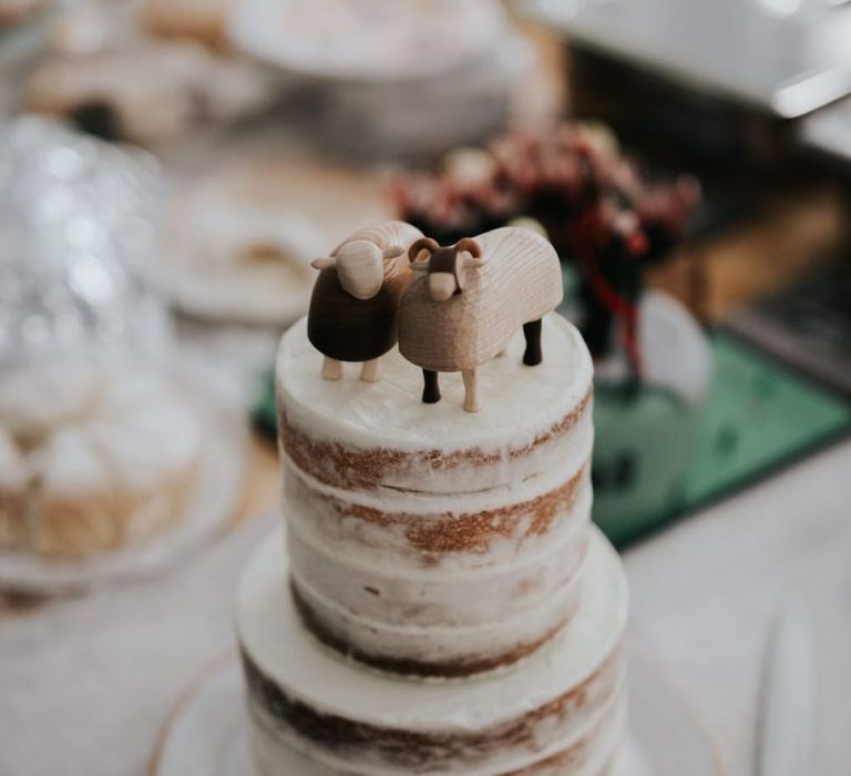 Semi Naked Wedding Cake with Handmade Wooden Cake Topper