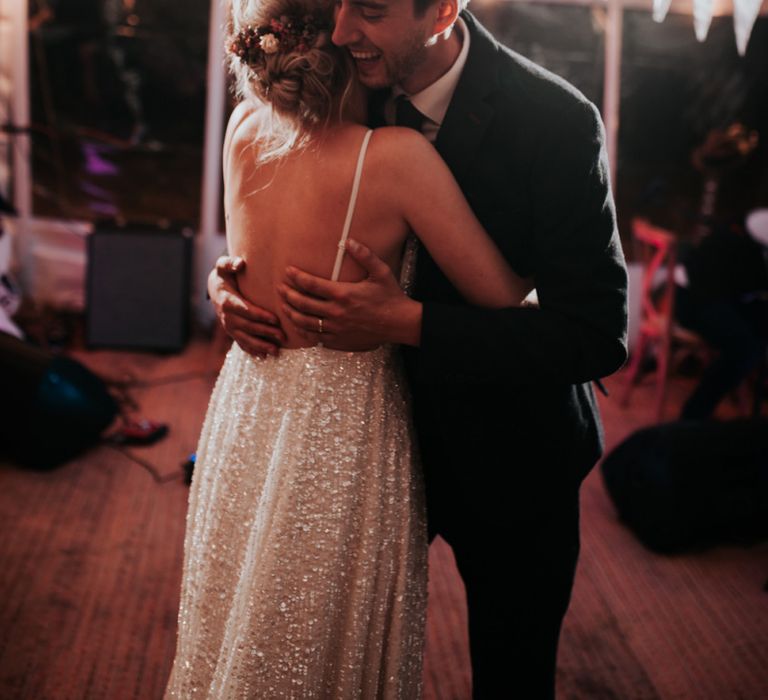 Bride and Grooms First Dance at Marquee Garden Wedding