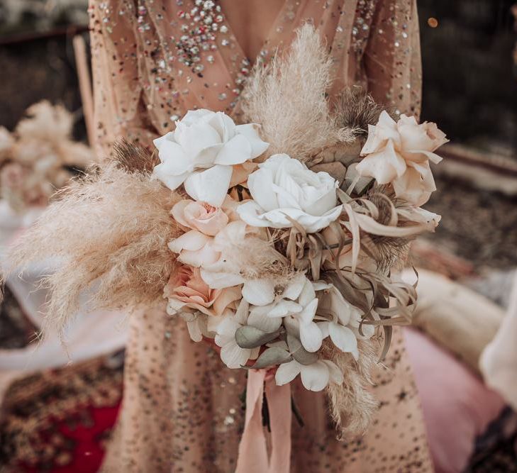 boho wedding bouquet with blush roses, orchids and pampas grass