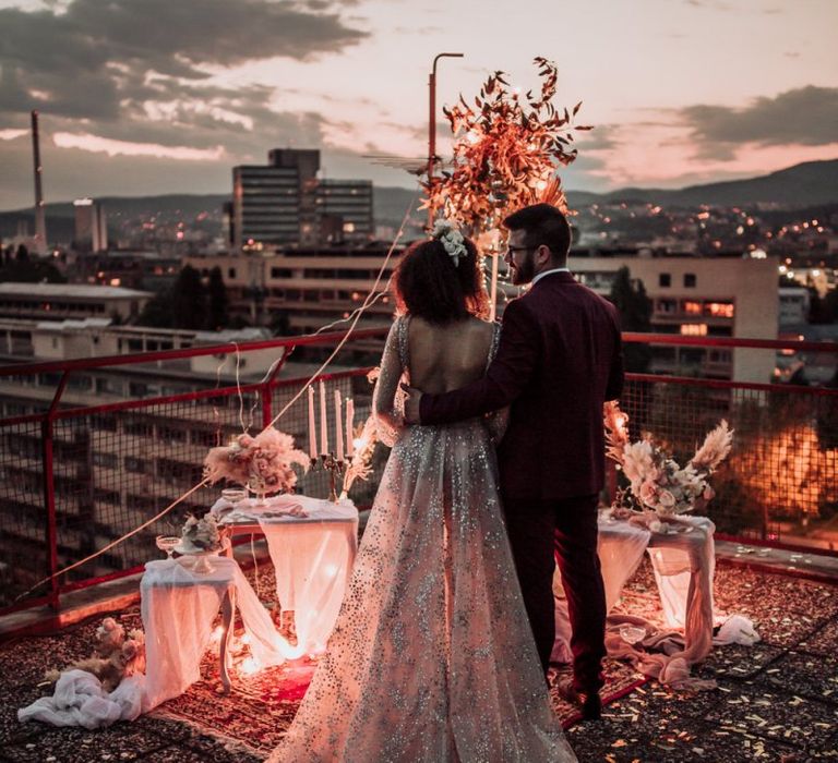 bride in tulle and sparkle wedding dress at rooftop wedding by Martina Skrobot Photography