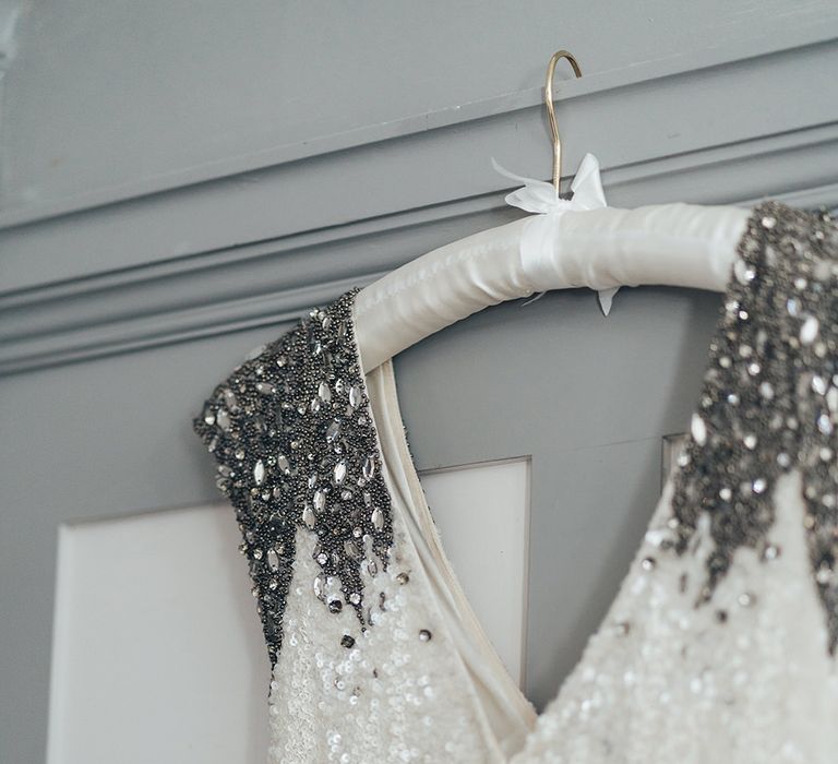 Embellished Shoulder Sequin Dress with Drop Waist by Eliza Jane Howell | Metallic Confetti Cannons and Paper Lanterns with Bride in Beaded Shoulder Eliza Jane Howell Dress | Miss Gen Photography