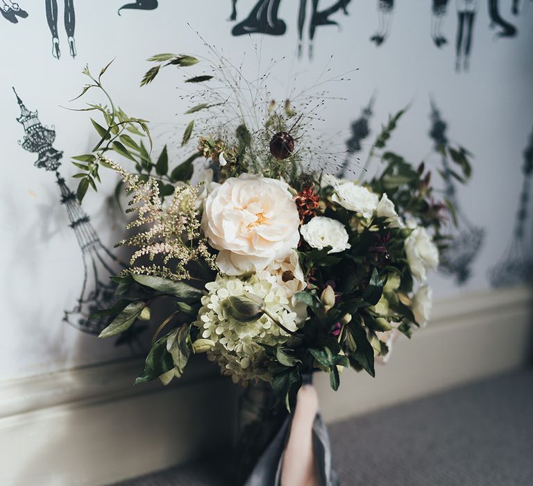 Bridal Bouquet with White Flowers, Foliage and Grey and Pink Trailing Ribbons | Metallic Confetti Cannons and Paper Lanterns with Bride in Beaded Shoulder Eliza Jane Howell Dress | Miss Gen Photography