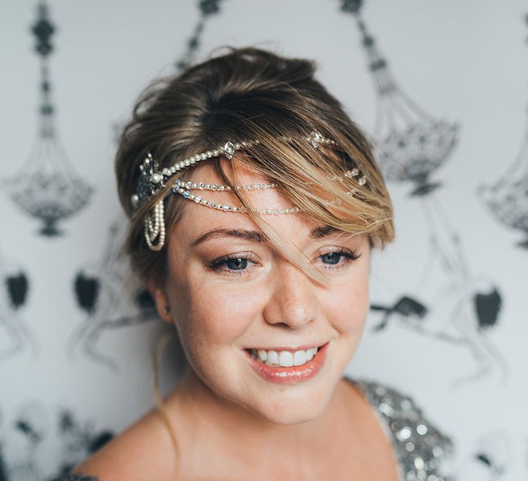 Bride in Embellished Shoulder Sequin Dress with Drop Waist by Eliza Jane Howell | 1920s Style Pearl Draping Headpiece | Metallic Confetti Cannons and Paper Lanterns with Bride in Beaded Shoulder Eliza Jane Howell Dress | Miss Gen Photography