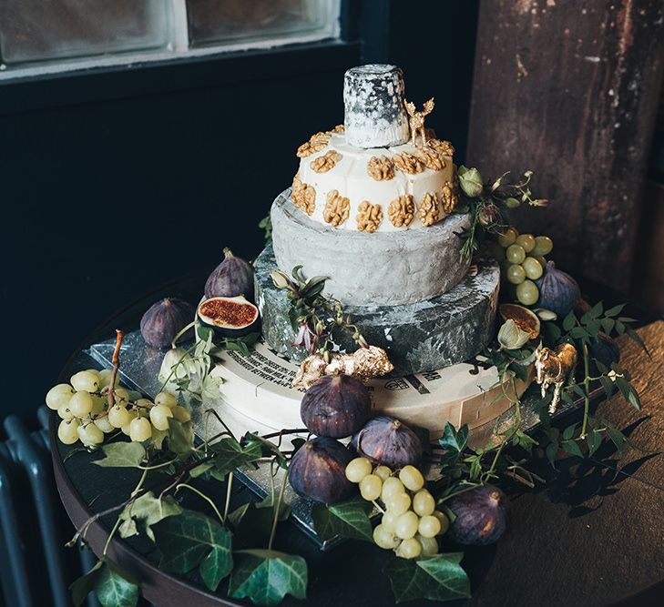 Five-Tier Cheese Tower | Wedding Reception at Clapton Country Club | Metallic Confetti Cannons and Paper Lanterns with Bride in Beaded Shoulder Eliza Jane Howell Dress | Miss Gen Photography