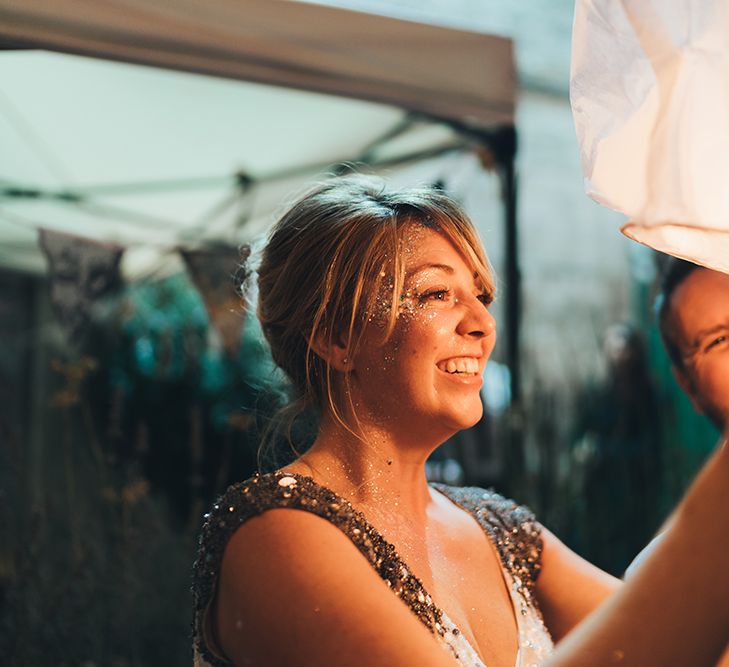 Bride in Embellished Shoulder Sequin Dress with Drop Waist by Eliza Jane Howell | Glitter Paint | Paper Lantern | Clapton Country Club Wedding Reception | Metallic Confetti Cannons and Paper Lanterns with Bride in Beaded Shoulder Eliza Jane Howell Dress | Miss Gen Photography