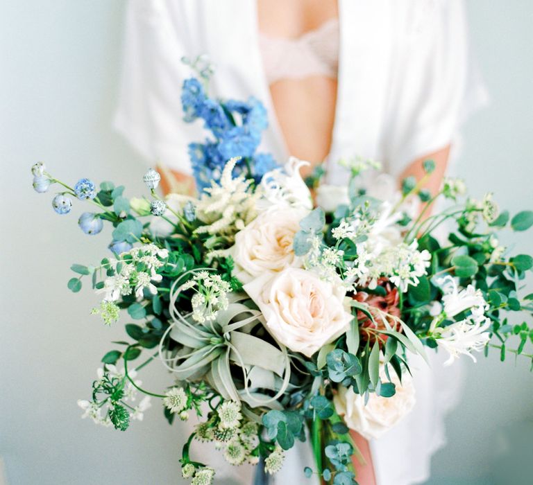 Oversized Bridal Bouquet with Roses, Foliage &amp; Stocks | Pastel Blue &amp; Green, Romantic, Destination Wedding at Corfu Luxury Villas, Planned by Rosmarin Weddings &amp; Events | Mikhail Balygin Fine Art Wedding Photographer