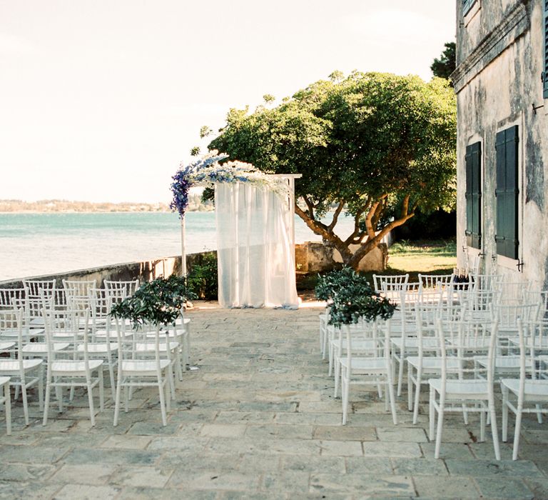 Outdoor Wedding Ceremony Aisle &amp; Altar | Pastel Blue &amp; Green, Romantic, Destination Wedding at Corfu Luxury Villas, Planned by Rosmarin Weddings &amp; Events | Mikhail Balygin Fine Art Wedding Photographer