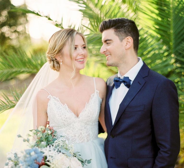 Bride in Coloured Hayley Paige Wedding Dress | Groom in Black Tie Suit | Pastel Blue &amp; Green, Romantic, Destination Wedding at Corfu Luxury Villas, Planned by Rosmarin Weddings &amp; Events | Mikhail Balygin Fine Art Wedding Photographer