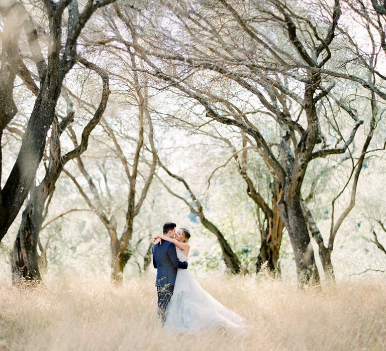 Bride in Coloured Hayley Paige Wedding Dress | Groom in Black Tie Suit | Pastel Blue &amp; Green, Romantic, Destination Wedding at Corfu Luxury Villas, Planned by Rosmarin Weddings &amp; Events | Mikhail Balygin Fine Art Wedding Photographer