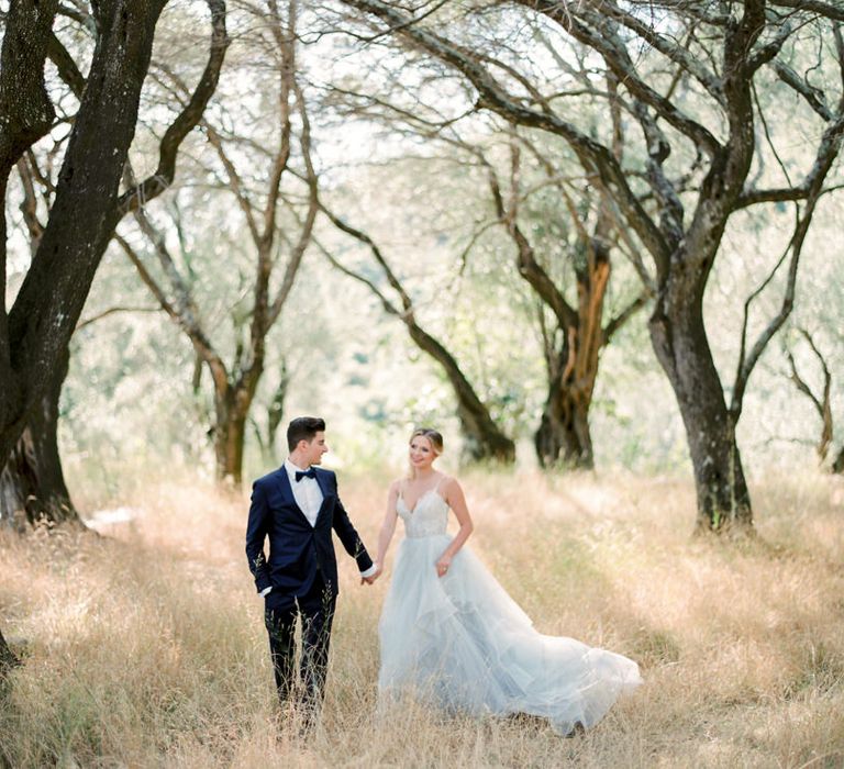 Bride in Coloured Hayley Paige Wedding Dress | Groom in Black Tie Suit | Pastel Blue &amp; Green, Romantic, Destination Wedding at Corfu Luxury Villas, Planned by Rosmarin Weddings &amp; Events | Mikhail Balygin Fine Art Wedding Photographer