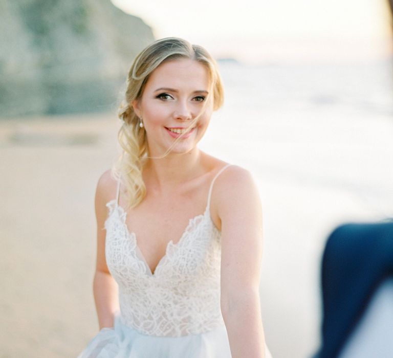 Bride in Coloured Hayley Paige Wedding Dress | Pastel Blue &amp; Green, Romantic, Destination Wedding at Corfu Luxury Villas, Planned by Rosmarin Weddings &amp; Events | Mikhail Balygin Fine Art Wedding Photographer