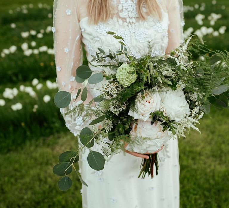 Foliage &amp; White Flower Wedding Bouquet // Juliet Cap Veil For A Wildflower Filled Wedding At Chenies Manor // Bride In Apache By Jenny Packham // Image By Eneka Stewart Photography