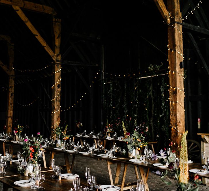 Rustic KingsHill Bar Wedding Reception with Bright Wedding Flowers and Foliage Decor