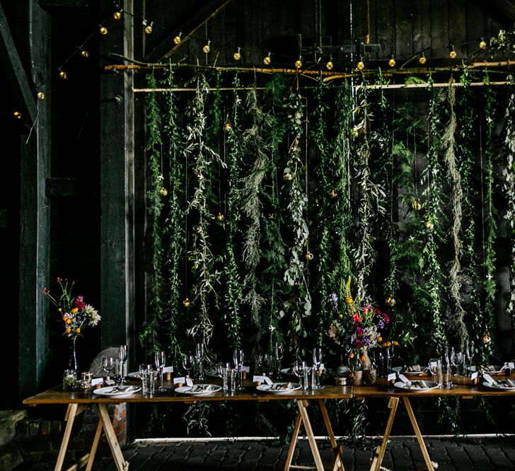 Top Table Hanging Foliage Backdrop Elmley Nature Reserve Wedding