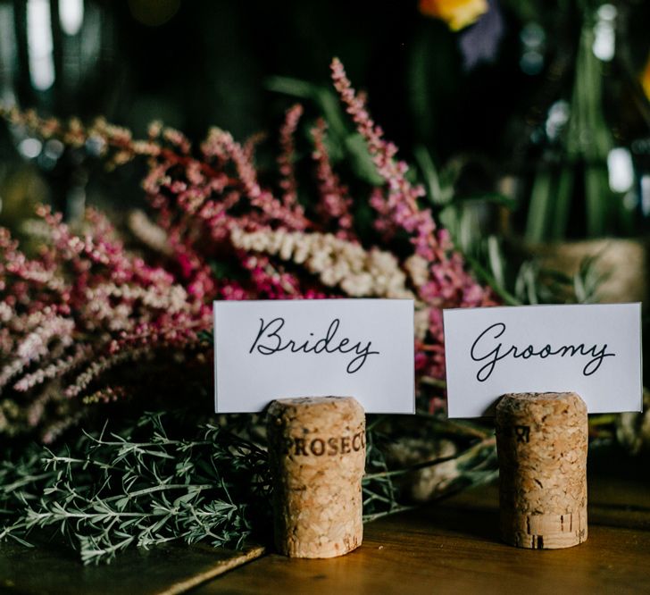 Bride and Groom Name Place Cards in Corks