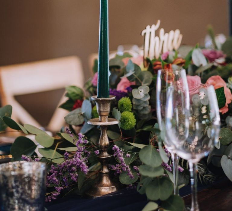 Wedding Table Decoration With Bright Flowers And Candles