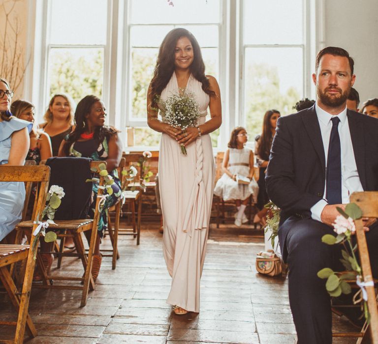 Wedding Ceremony Bridesmaid Entrance in Peach Wrap Dress