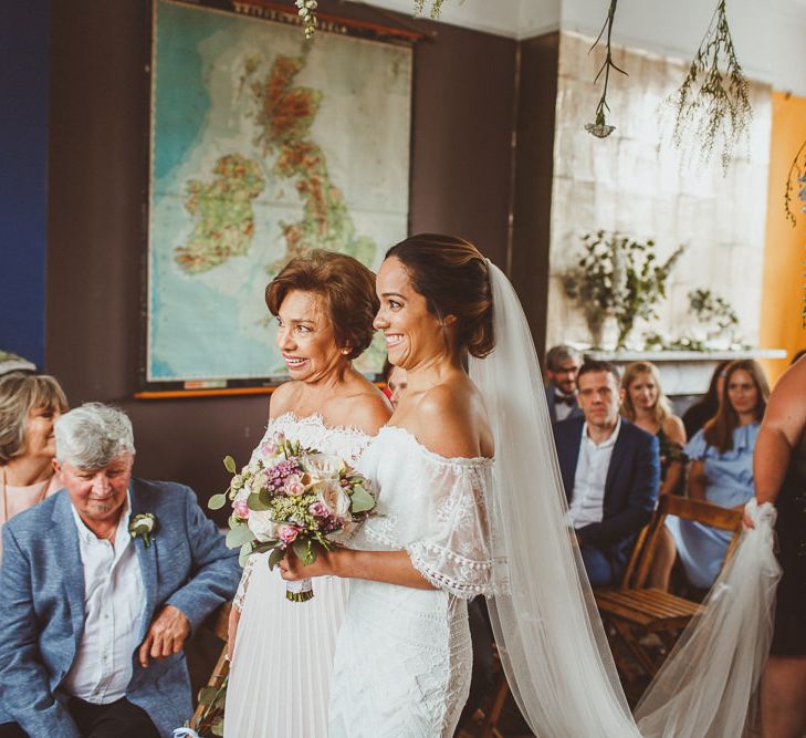 Ceremony Bridal Entrance in Emanuela Grace Loves Lace Dress with Her Mother