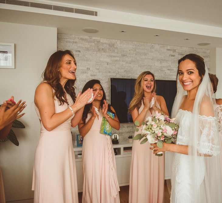 Morning with Bridesmaids Clapping as Bride Does her Final Reveal in a Lace 'Emanuela' Grace Loves Lace Wedding Dress