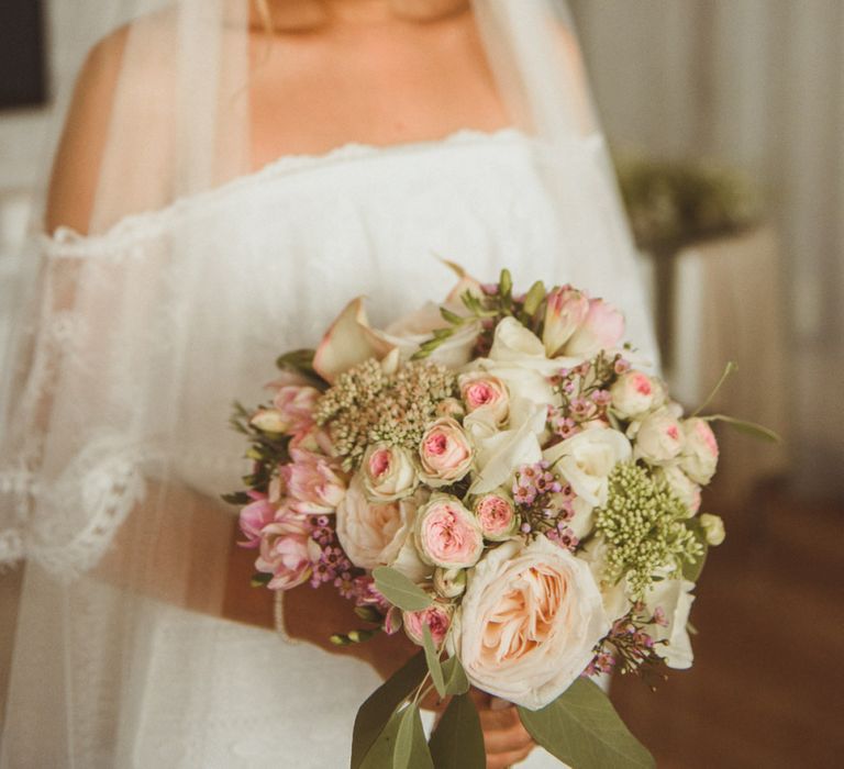 Bride in Lace Off The Shoulder 'Emanuela' Grace Loves Lace Wedding Dress withVeil and Romantic Bouquet