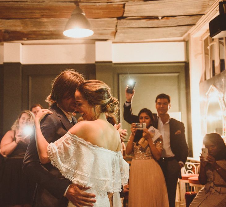 First Dance with Bride in Off The Shoulder Grace Loves Lace Dress and Groom in Blue Blazer