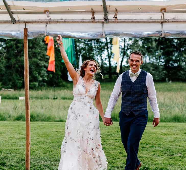 Bride In Floral Dress By Stephanie Allin Festival Wedding With Food Trucks &amp; Outdoor Ceremony With Geo Dome Tent Baya Hire Epic Love Story Photography