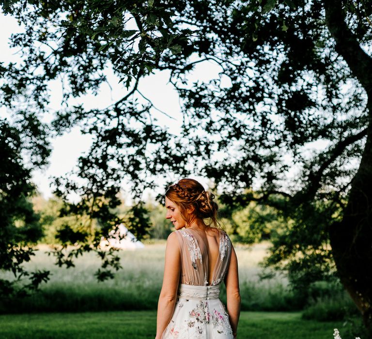 Bride In Floral Dress By Stephanie Allin Festival Wedding With Food Trucks &amp; Outdoor Ceremony With Geo Dome Tent Baya Hire Epic Love Story Photography