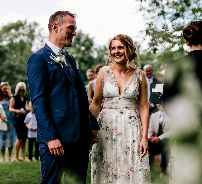 Bride In Floral Dress By Stephanie Allin Festival Wedding With Food Trucks &amp; Outdoor Ceremony With Geo Dome Tent Baya Hire Epic Love Story Photography