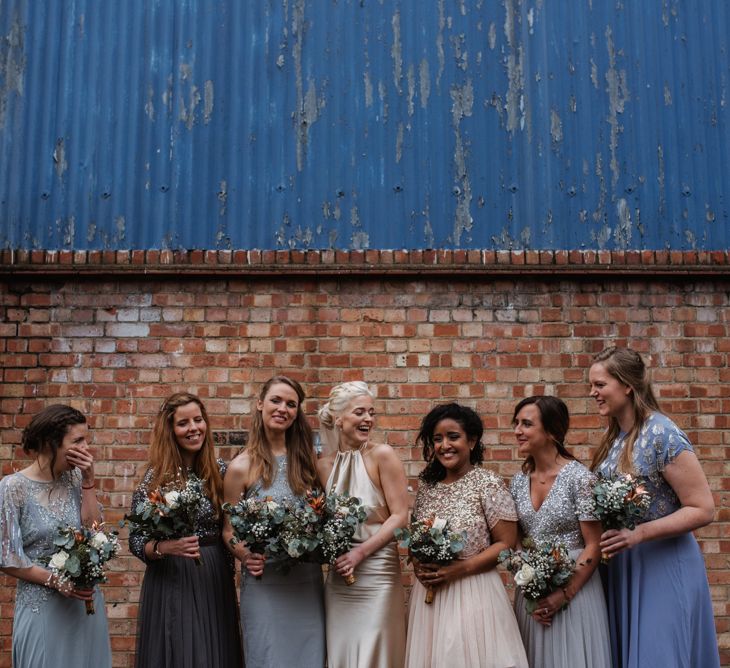 Bridesmaids In Sequinned Mismatched Dresses // London Fields Brewery Wedding With Bride In Bespoke Dress By Katrine Mikklesen And Images From Taylor Hughes Photography