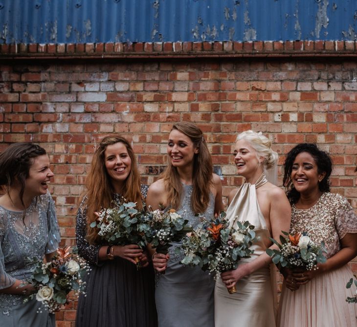 Bridesmaids In Sequinned Mismatched Dresses // London Fields Brewery Wedding With Bride In Bespoke Dress By Katrine Mikklesen And Images From Taylor Hughes Photography