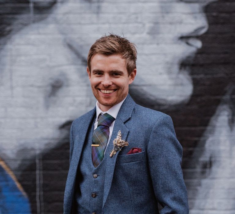 Groom In Blue Three Piece Suit // London Fields Brewery Wedding With Bride In Bespoke Dress By Katrine Mikklesen And Images From Taylor Hughes Photography