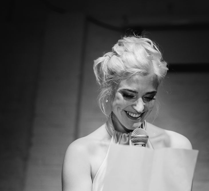 Bride Making A Speech At Wedding // London Fields Brewery Wedding With Bride In Bespoke Dress By Katrine Mikklesen And Images From Taylor Hughes Photography